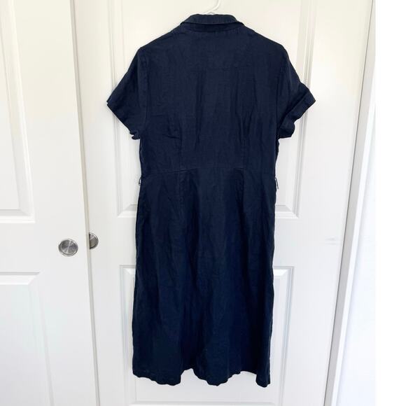 Quince Linen Button Front Short Sleeve Collared Preppy Dress Navy Blue Large - Picture 3 of 6